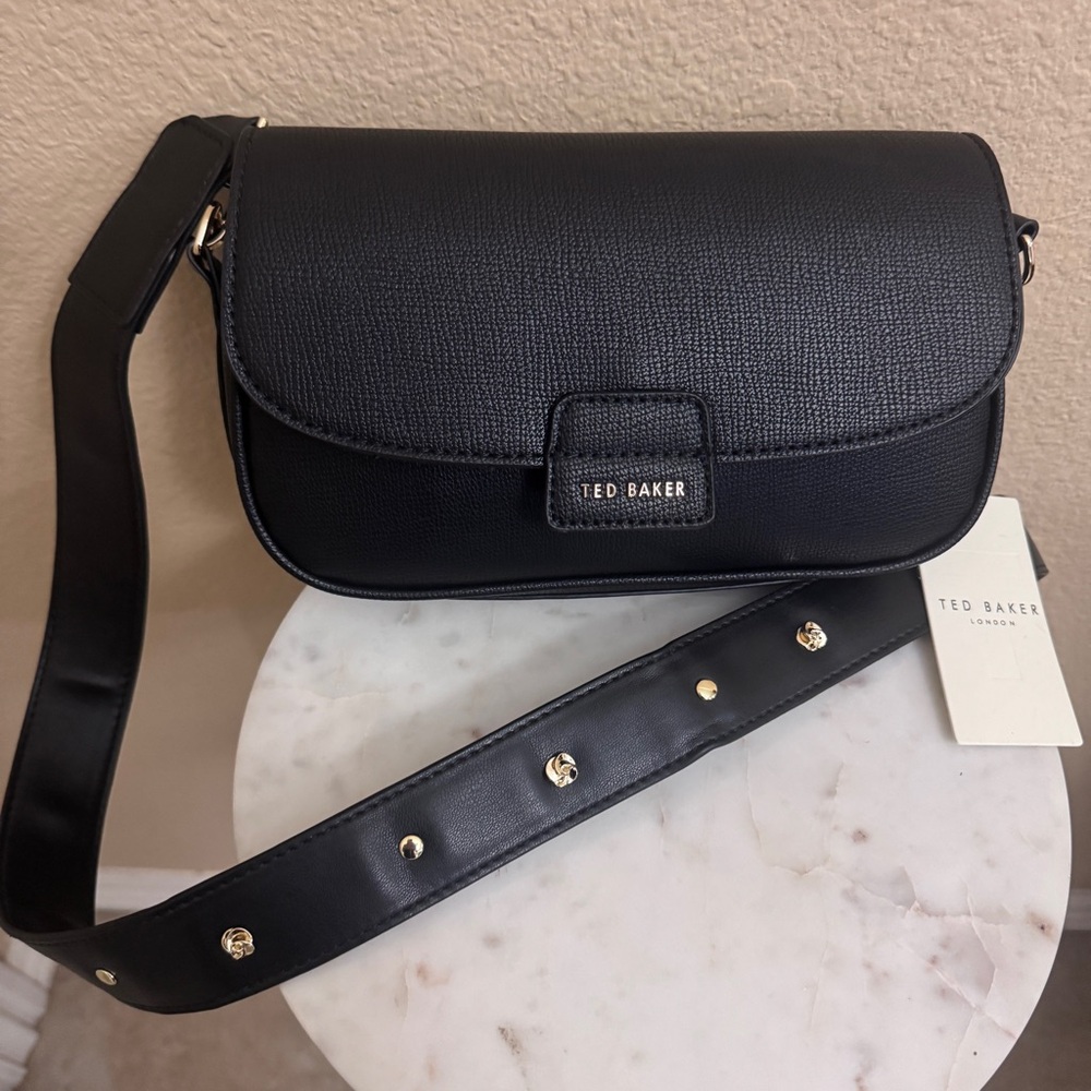 NWT  TED BAKER Rory Black Rose 🌹 Gold studs Crossbody Bag Classic Faux Leather